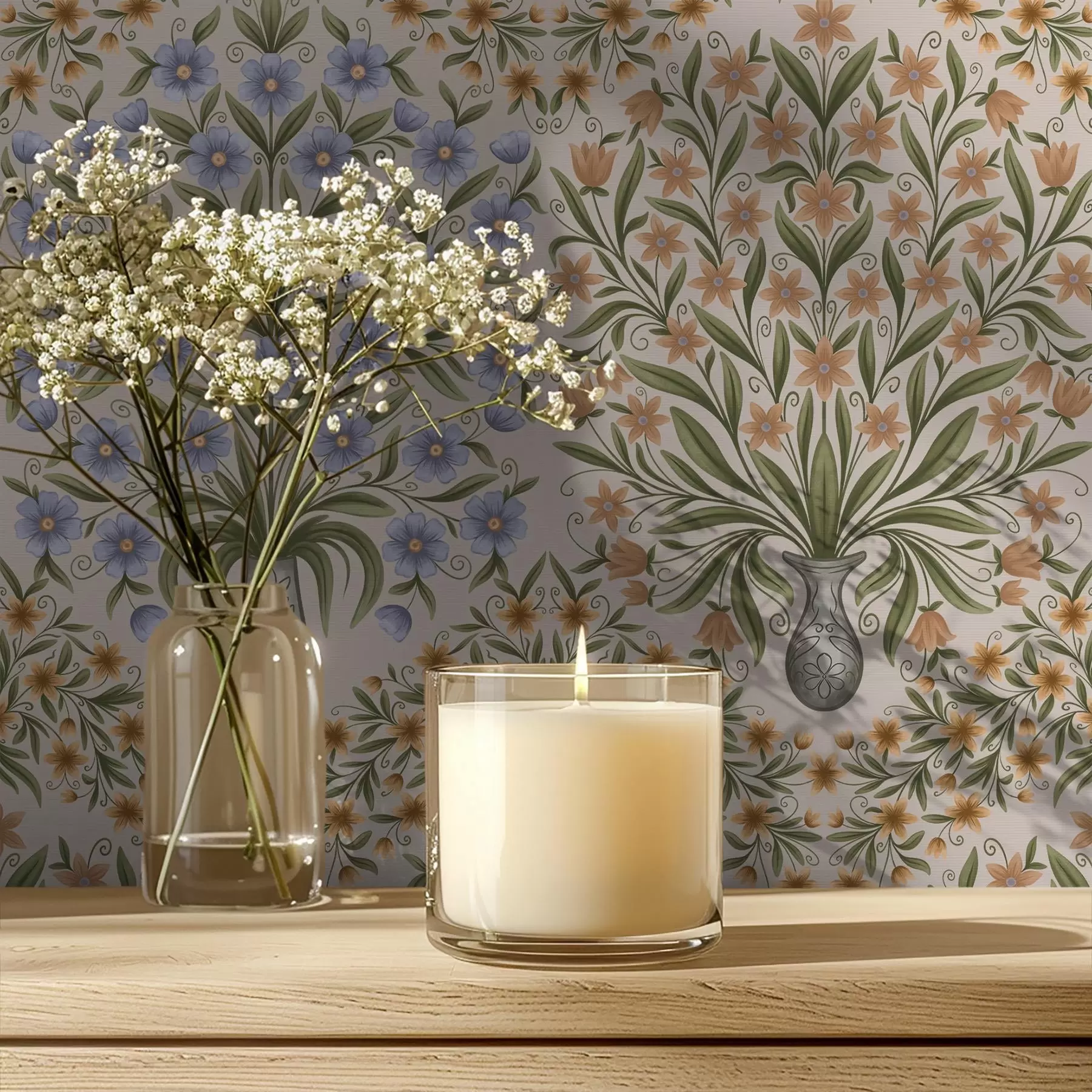 wall murals Наизменично наизменични вазе и плави цветни аранжмани у боји жалфије на руменилу a00901