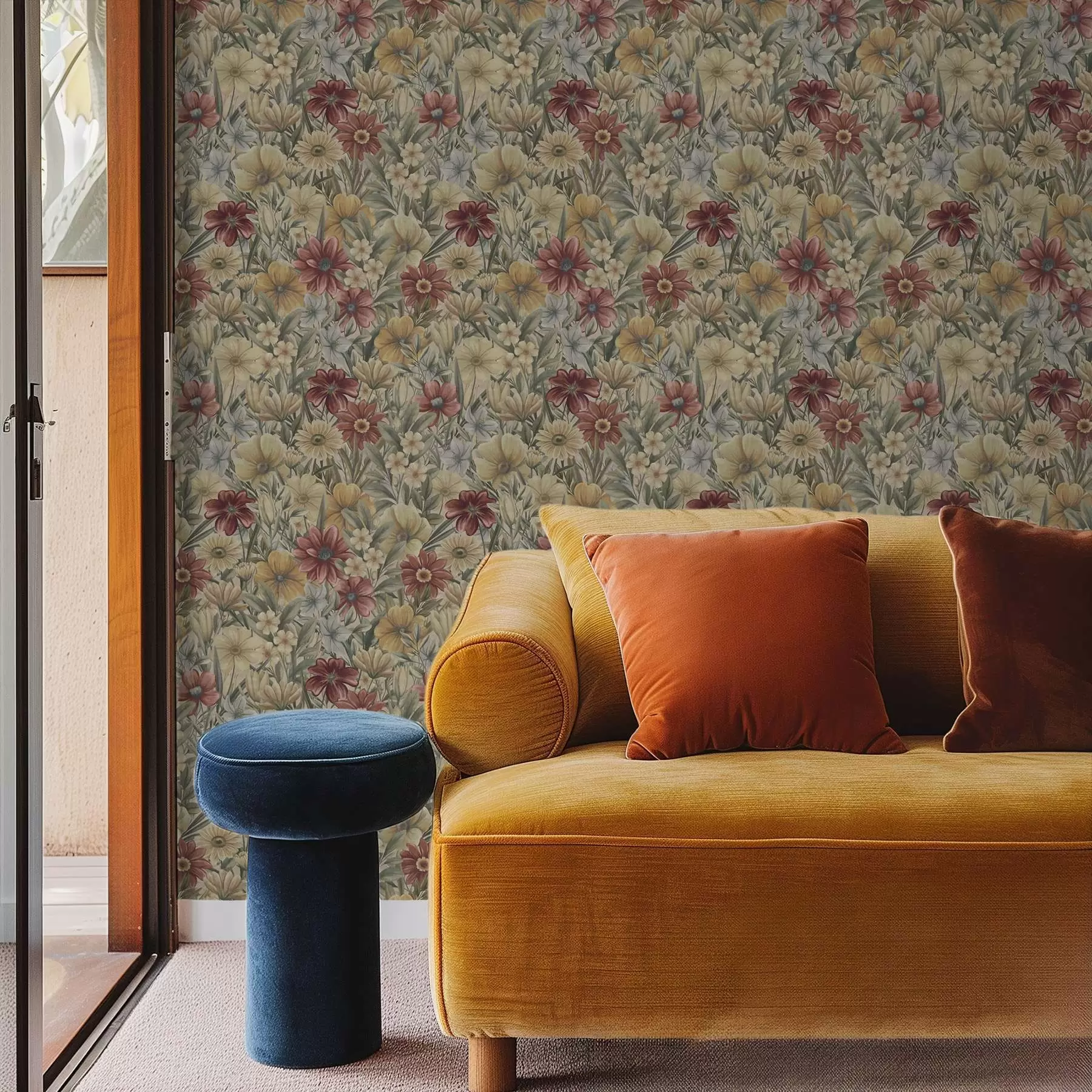 wall murals Винтажно ливадско цвеће у топлим жутим, црвеним и жалфијским нијансама a00906