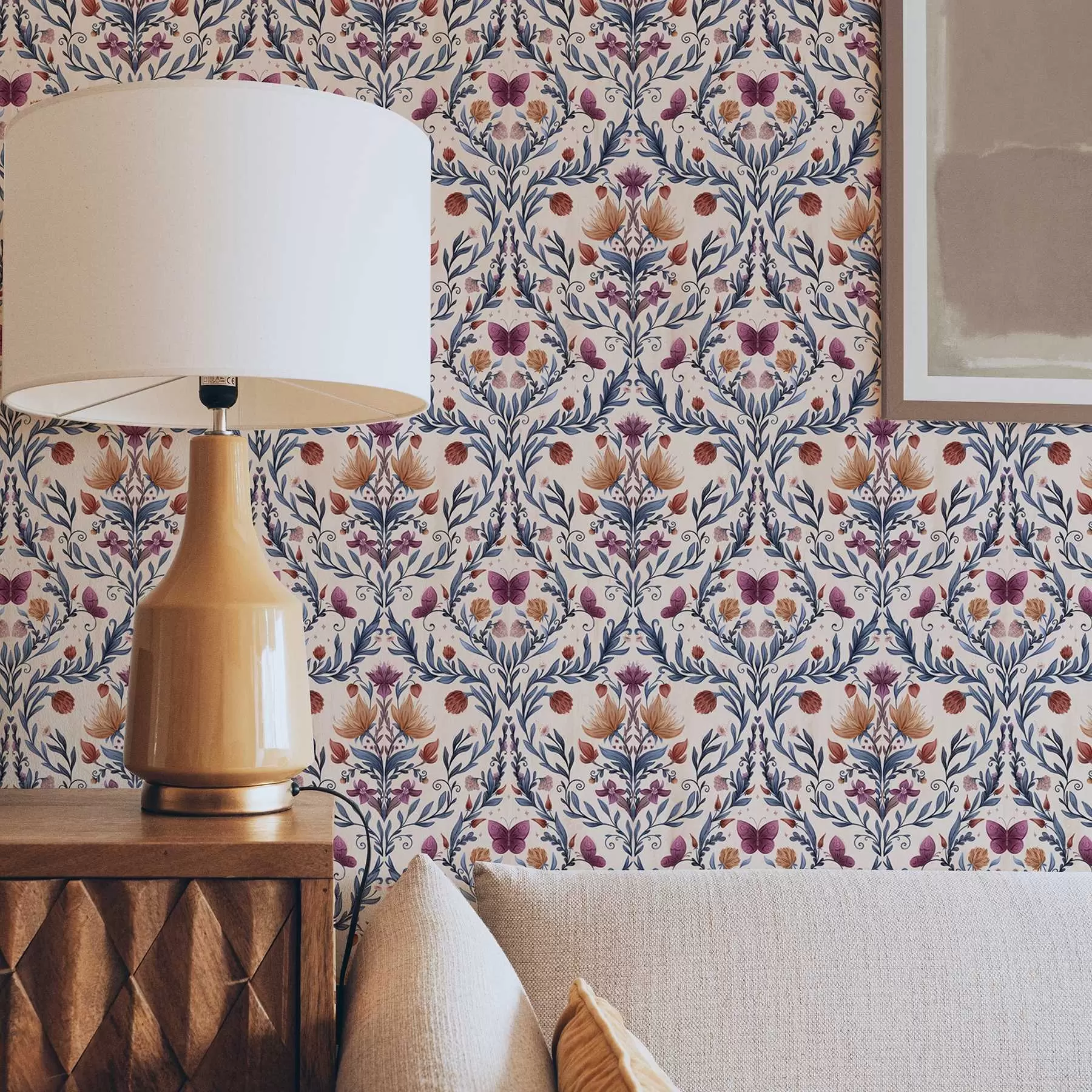 wall murals Цветни дамаск са лептирима на нежној бресквастој позадини a00926