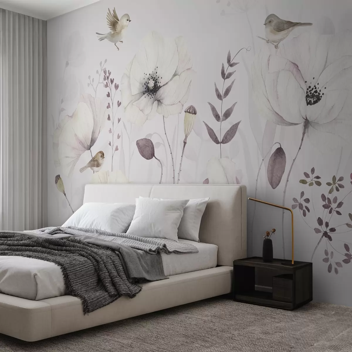 wall murals Акварелни макови са малим птицама у нежно љубичастој боји w04861