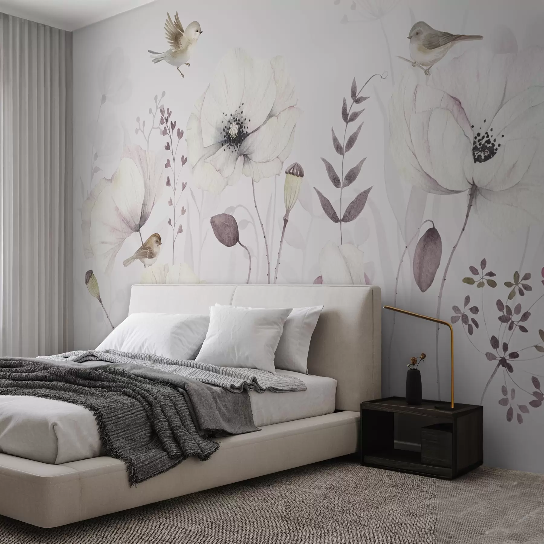 wall murals Акварелни макови са малим птицама у нежно љубичастој боји w04861