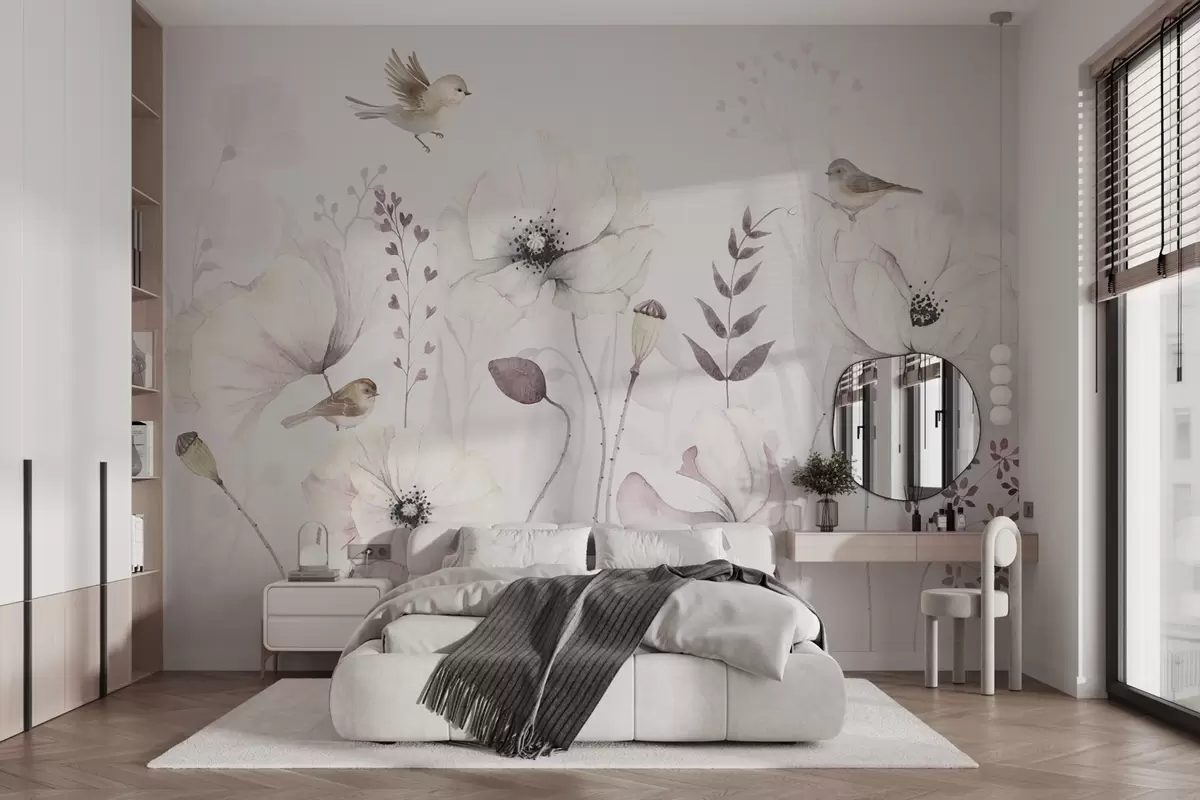 wall murals Акварелни макови са малим птицама у нежно љубичастој боји w04861