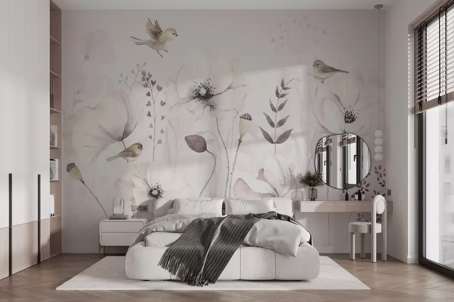 wall murals Акварелни макови са малим птицама у нежно љубичастој боји w04861