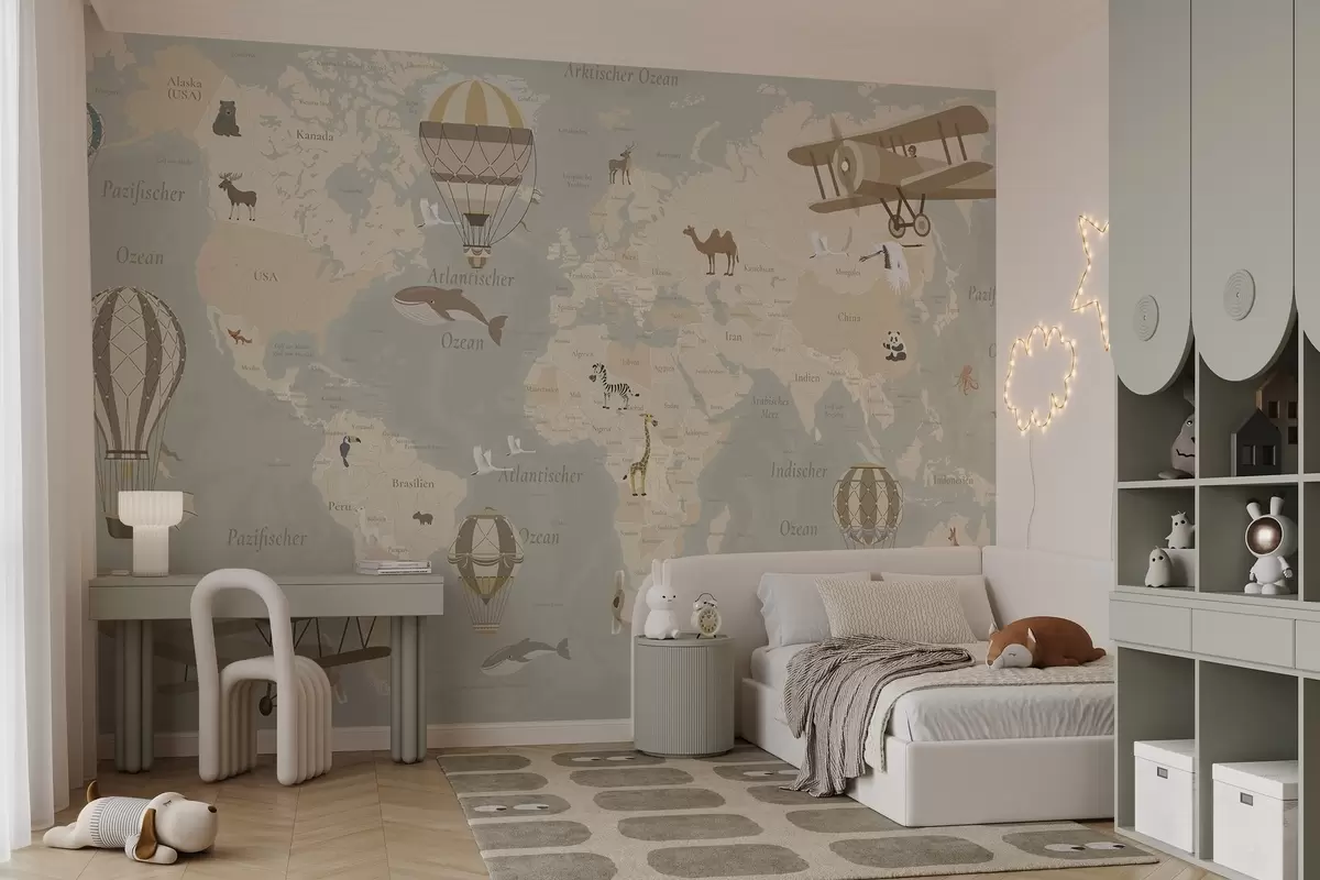 wall murals Дечја мапа света са животињама, авионима и балонима на врући ваздух. Немачки језик. Беж боја. c00003de