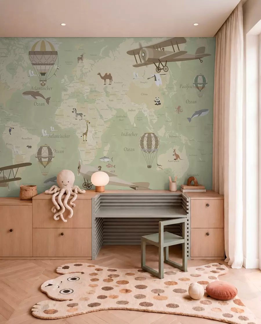 wall murals Мапа света за децу са животињама, авионима и балонима на врући ваздух. Немачки језик. Зелена боја. c00003dev2