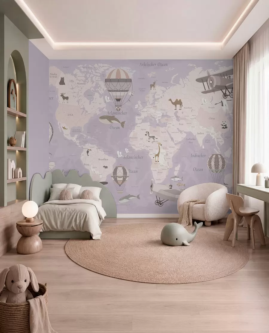 Fototapeta „Mapa svijeta za djecu sa životinjama, avionima i balonima na vrući vazduh. Nemački jezik. Ljubičasta boja.“, c00003dev4
