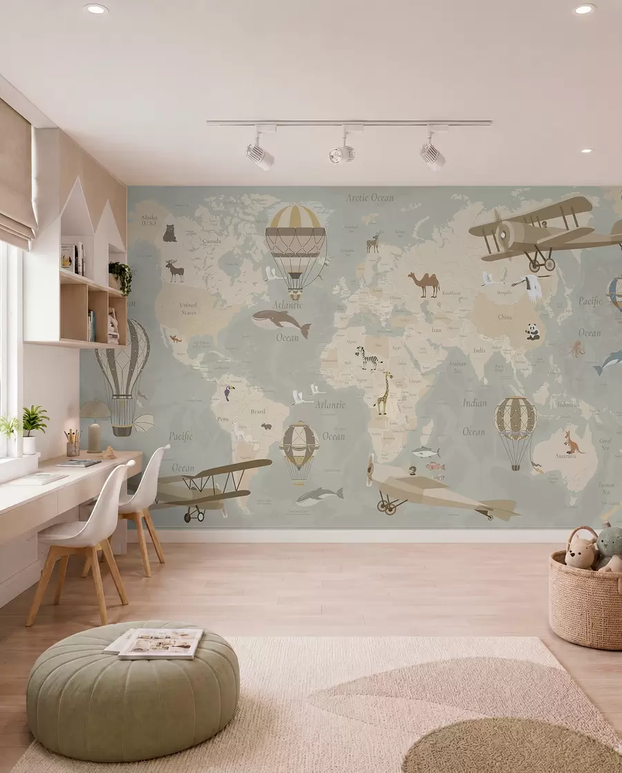 wall murals Мапа света за децу са животињама, авионима и балонима на врући ваздух. Енглески језик. Беж боја. c00003en
