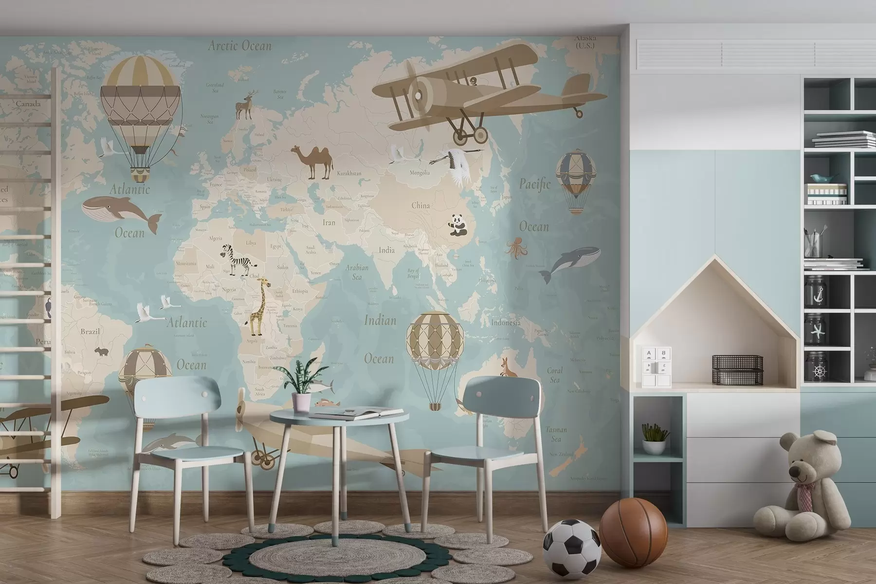 wall murals Мапа света за децу са животињама, авионима и балонима на врући ваздух. Енглески језик. Плава боја. c00003env1