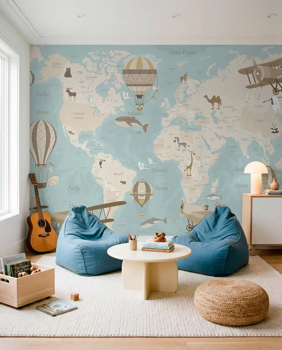 wall murals Мапа света за децу са животињама, авионима и балонима на врући ваздух. Енглески језик. Плава боја. c00003env1