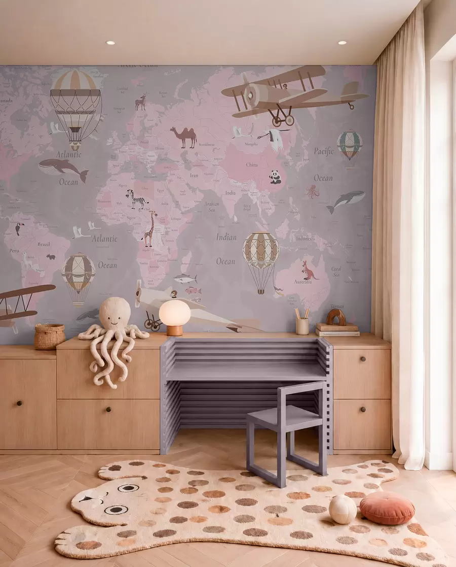 wall murals Мапа света за децу са животињама, авионима и балонима на врући ваздух. Енглески језик. Розе боја. c00003env3