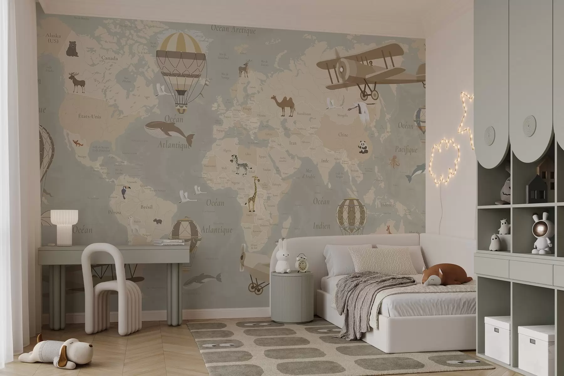 wall murals Мапа света за децу са животињама, авионима и балонима на врући ваздух. Француски језик. Беж боја. c00003fr