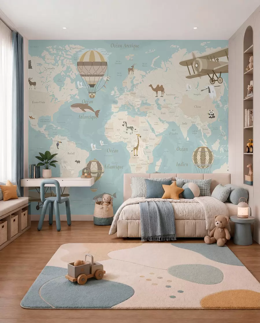 wall murals Мапа света за децу са животињама, авионима и балонима на врући ваздух. Француски језик. Плава боја. c00003frv1