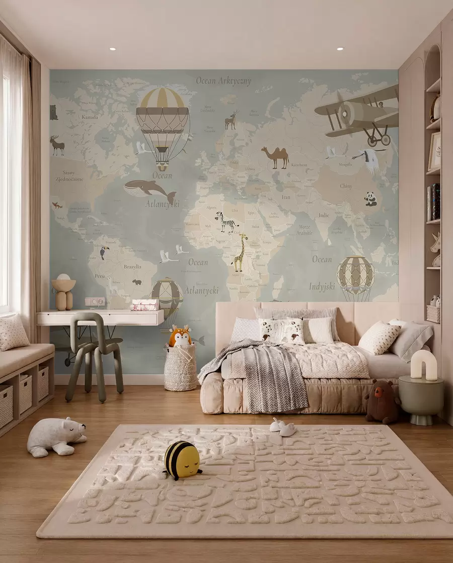 wall murals Мапа света за децу са животињама, авионима и балонима на врући ваздух. Пољски језик. Беж боја. c00003pl