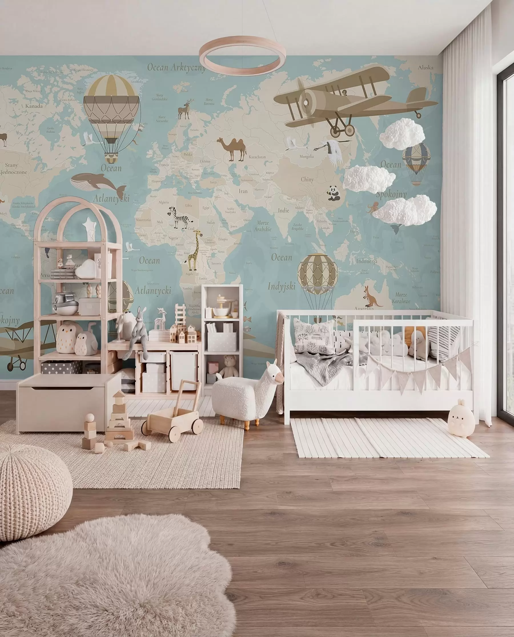 wall murals Мапа света за децу са животињама, авионима и балонима на врући ваздух. Пољски језик. Плава боја. c00003plv1