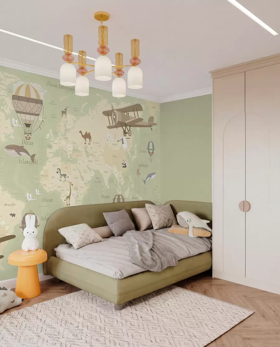 wall murals Мапа света за децу са животињама, авионима и балонима на врући ваздух. Пољски језик. Зелена боја. c00003plv2