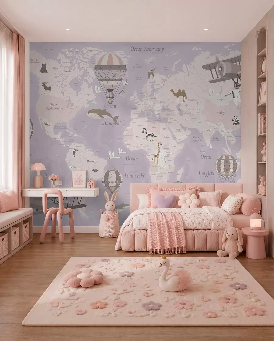 wall murals Мапа света за децу са животињама, авионима и балонима на врући ваздух. Пољски језик. Љубичаста боја. c00003plv4