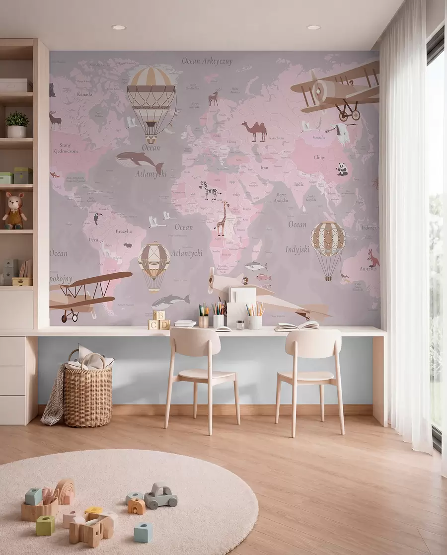 wall murals Мапа света за децу са животињама, авионима и балонима на врући ваздух. Пољски језик. Розе боја. c00003plv3