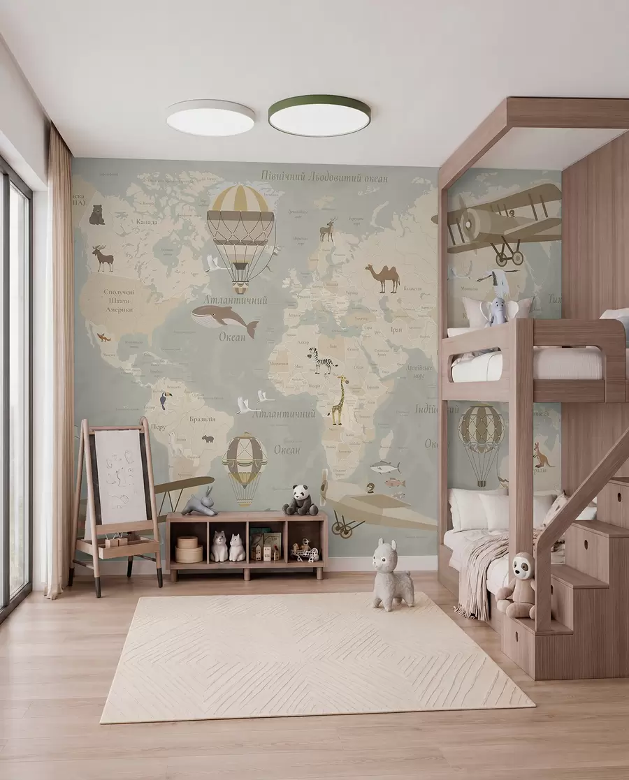 wall murals Мапа света за децу са животињама, авионима и балонима на врући ваздух. Украјински језик. Беж боја. c00003uk