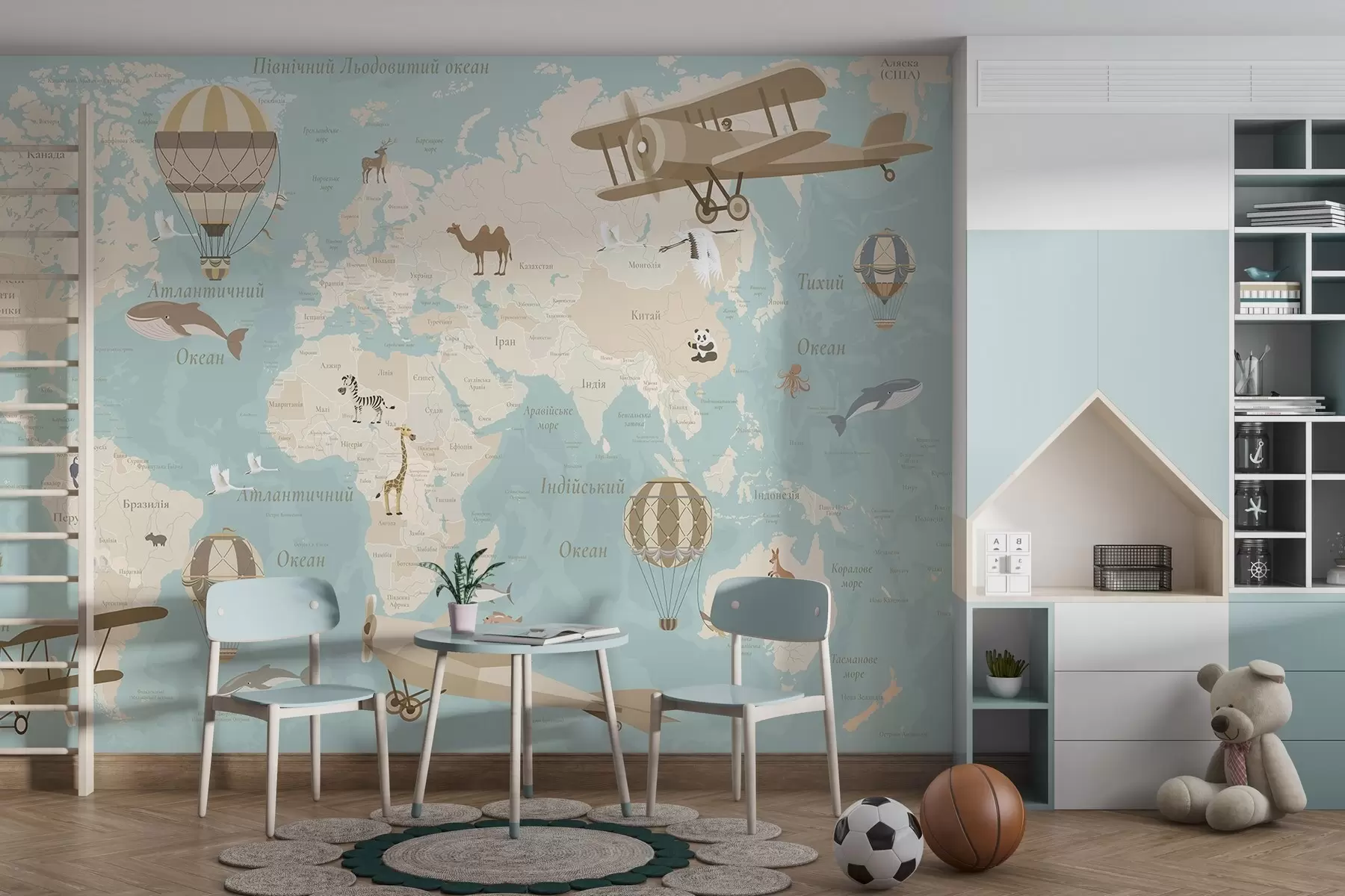 wall murals Мапа света за децу са животињама, авионима и балонима на врући ваздух. Украјински језик. Плава боја. c00003ukv1