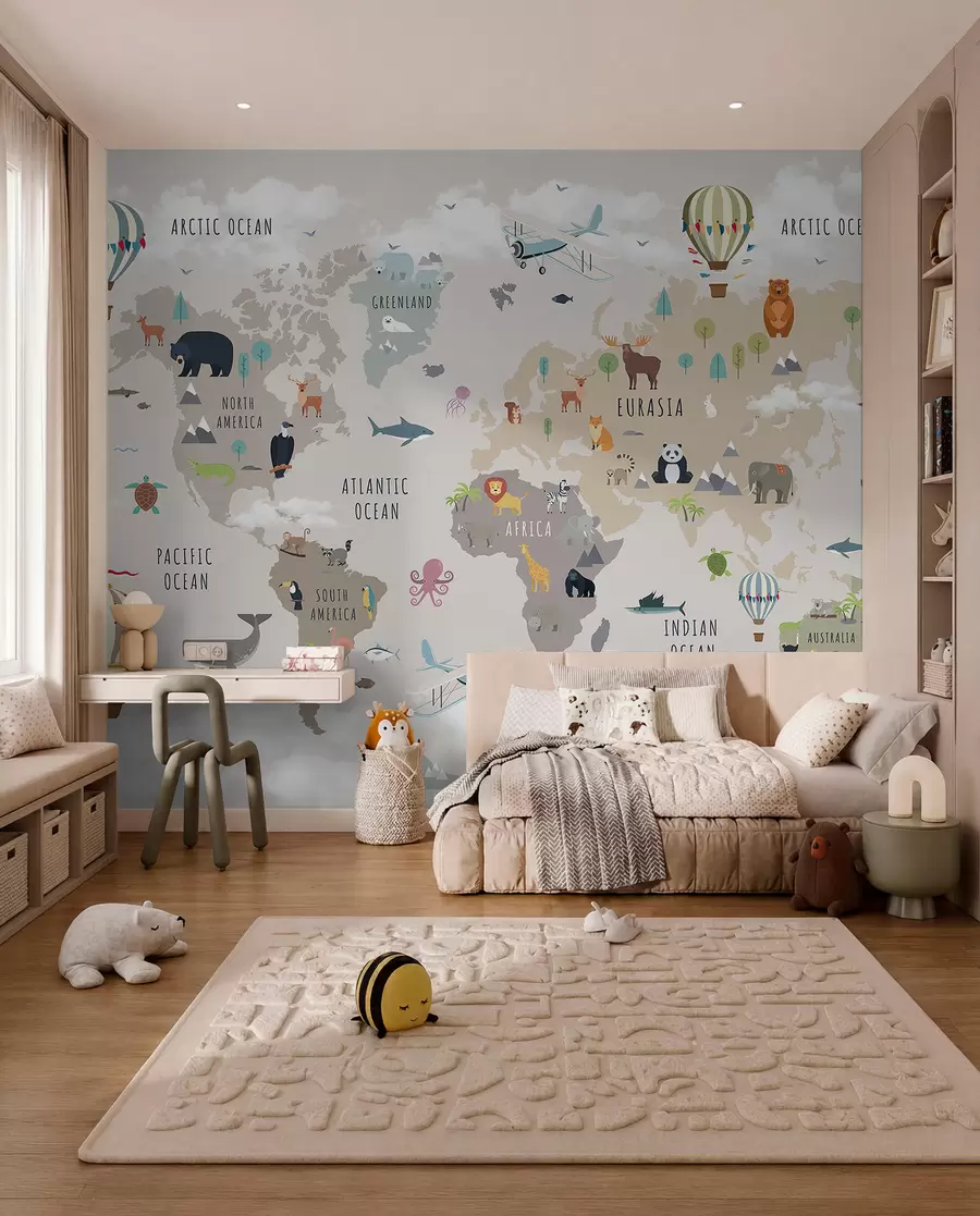 wall murals Мапа света за децу са животињама и балонима на врући ваздух. Енглески језик c00002en