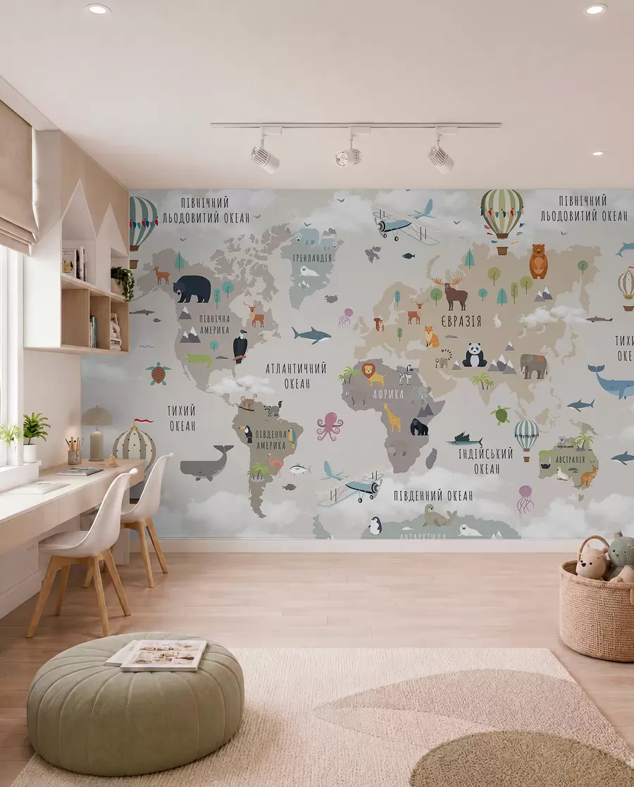 wall murals Мапа света за децу са животињама и балонима на врући ваздух. Украјински језик c00002uk
