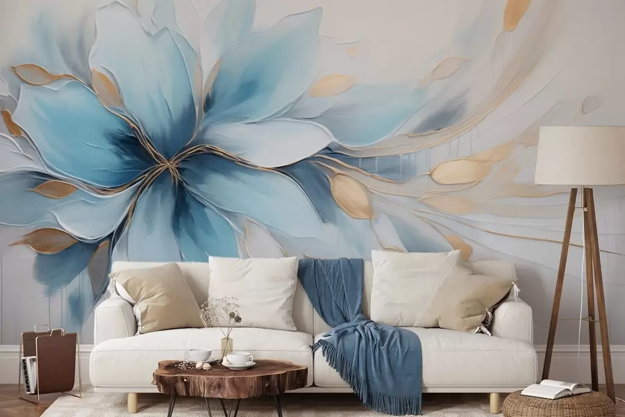 wall murals Апстрактни плави цвет смирености са златним листовима w09500