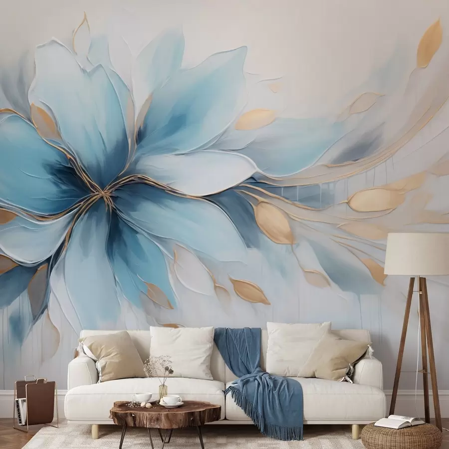 wall murals Апстрактни плави цвет смирености са златним листовима w09500