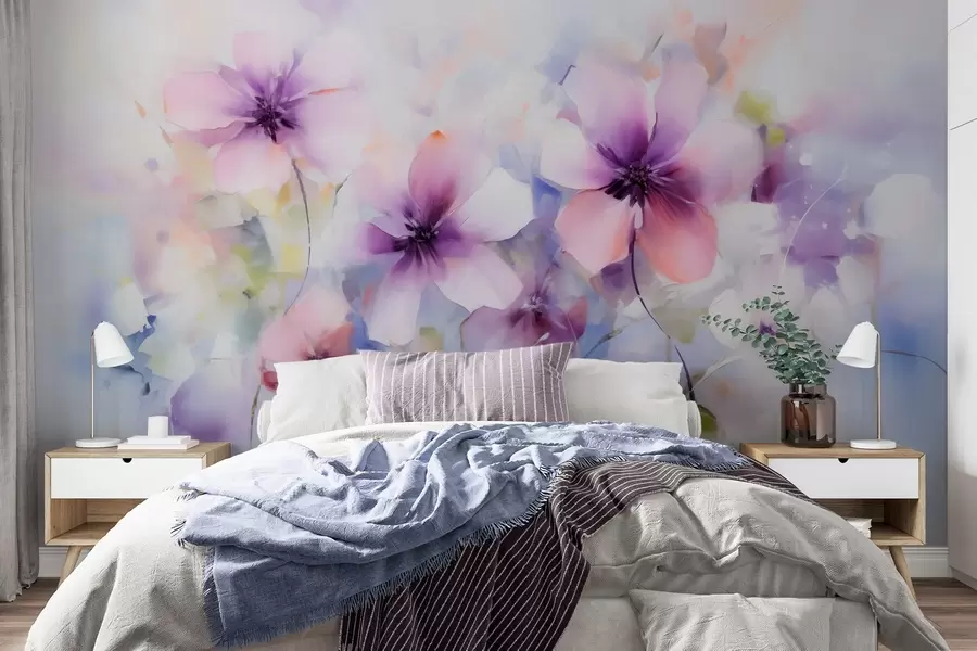 wall murals Пролећно акварелно цвеће у нијансама ружичасте и љубичасте w09502