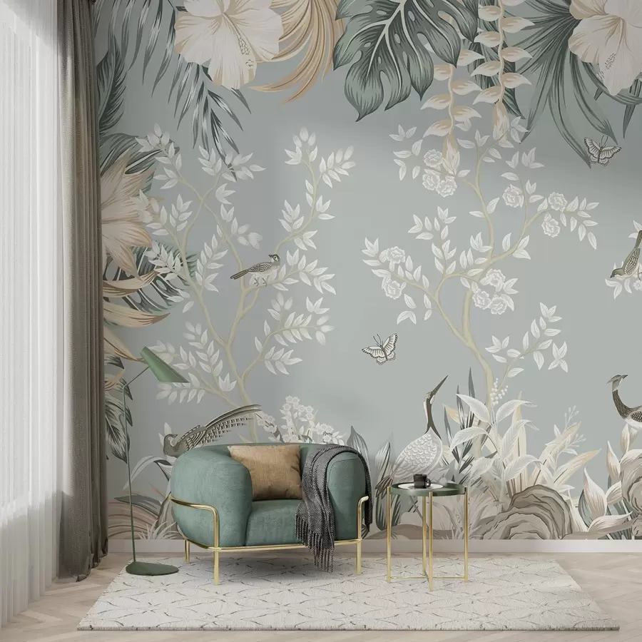 wall murals Тропска текстурирана пастелна уметност са птицама, лептирима, цветовима хибискуса, палминим листовима и дрвећем на светлоплавој позадини w09528