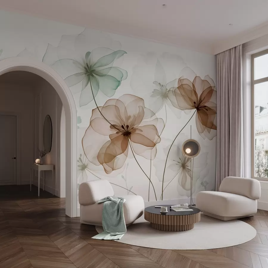 wall murals Провидно цвеће са смеђим и зеленим латицама, дугим стабљикама, светлом позадином, меким бојама, текстурираним цветним дизајном w09529