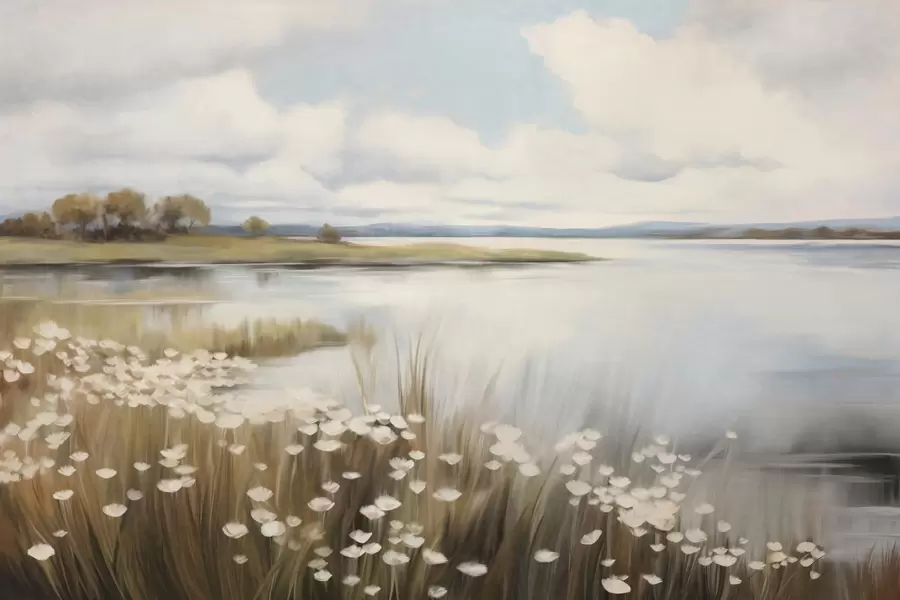 wall murals Текстурирани пејзаж, поље белог цвећа и високе траве, језеро у позадини, травнато брдо са дрвећем, нежне боје w09530