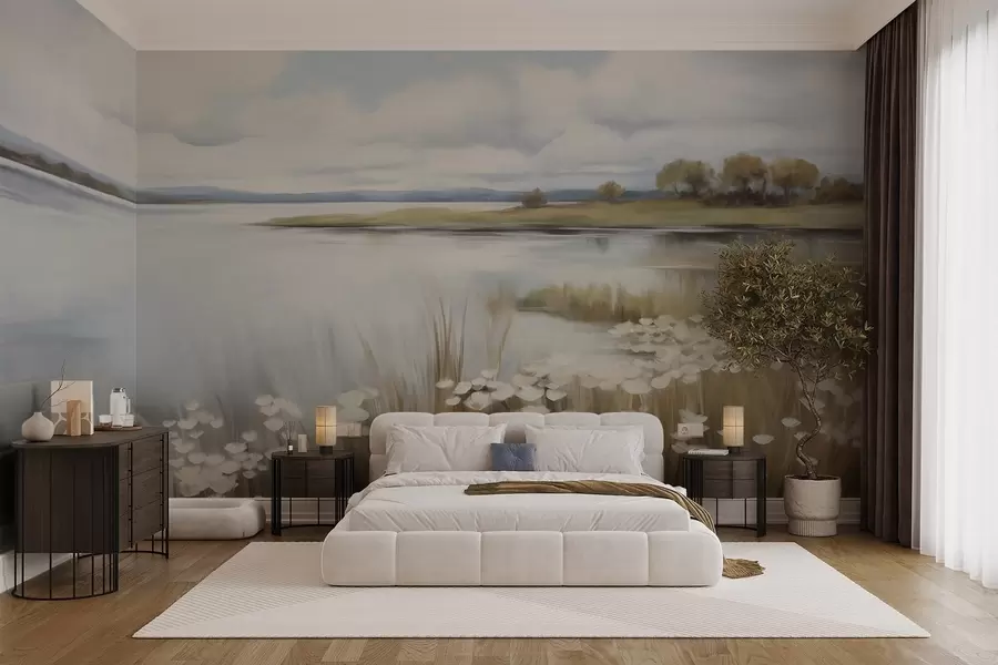 wall murals Текстурирани пејзаж, поље белог цвећа и високе траве, језеро у позадини, травнато брдо са дрвећем, нежне боје w09530