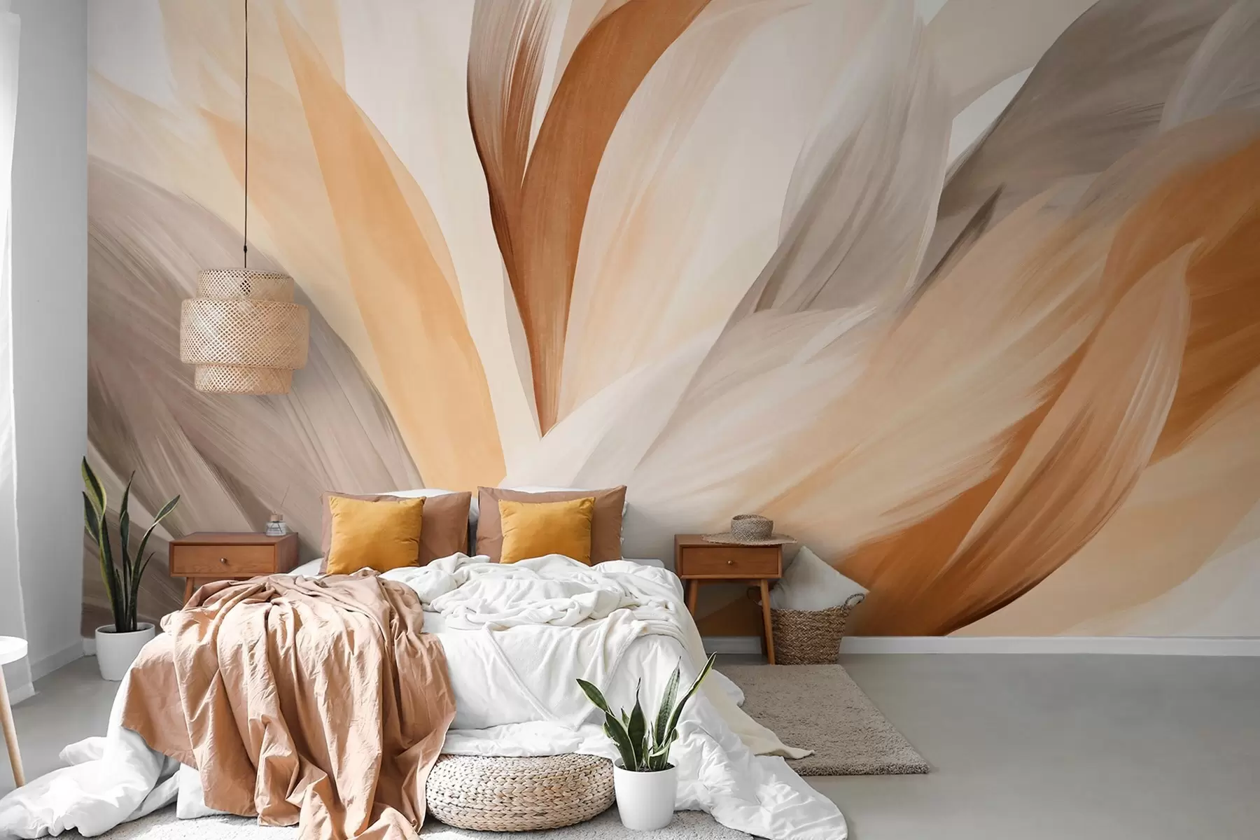 wall murals Апстрактно текстурирано перје у смеђој, белој и сивој боји и разним нијансама, које се преклапају на белој позадини w09531