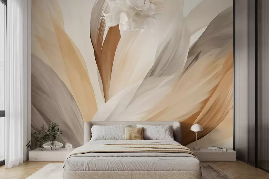 wall murals Апстрактно текстурирано перје у смеђој, белој и сивој боји и разним нијансама, које се преклапају на белој позадини w09531