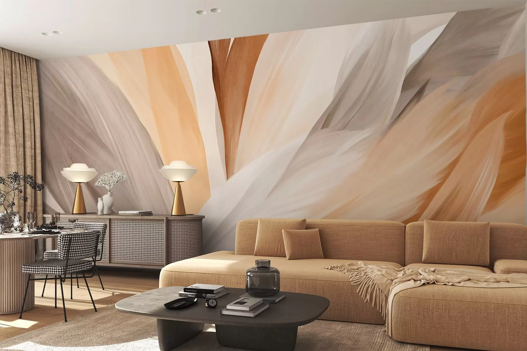 wall murals Апстрактно текстурирано перје у смеђој, белој и сивој боји и разним нијансама, које се преклапају на белој позадини w09531