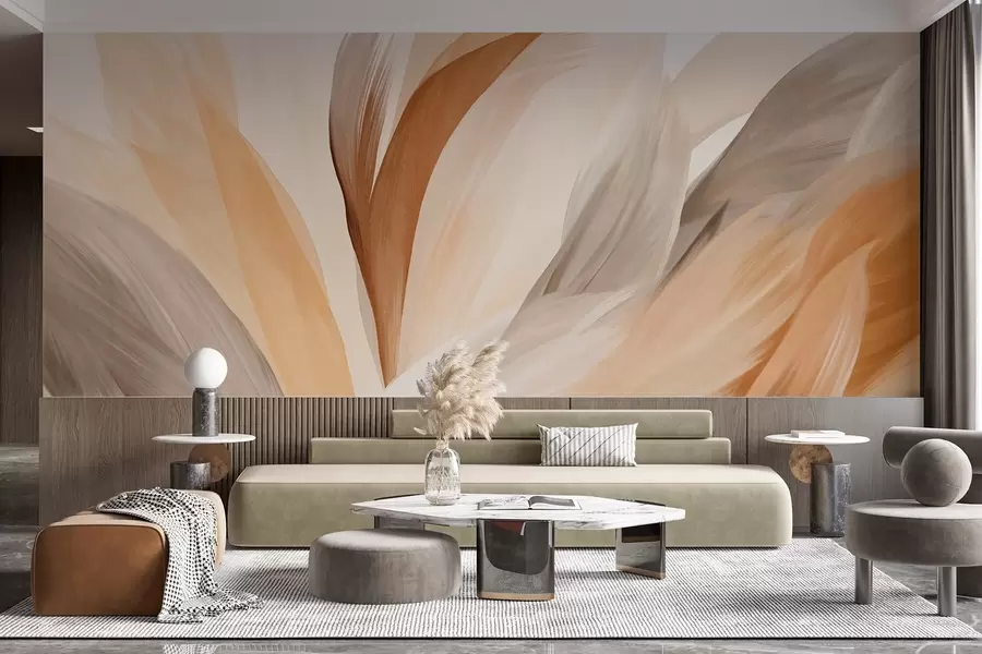 wall murals Апстрактно текстурирано перје у смеђој, белој и сивој боји и разним нијансама, које се преклапају на белој позадини w09531