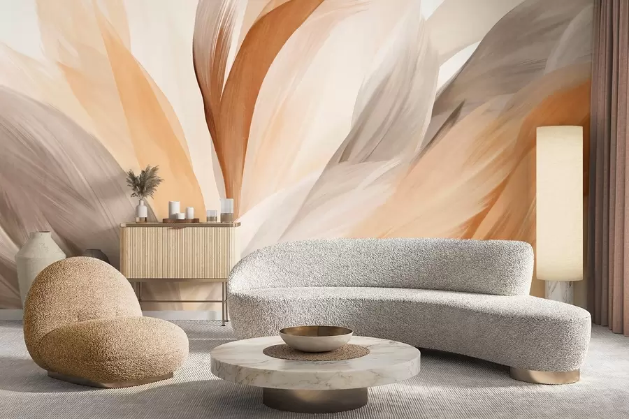 wall murals Апстрактно текстурирано перје у смеђој, белој и сивој боји и разним нијансама, које се преклапају на белој позадини w09531