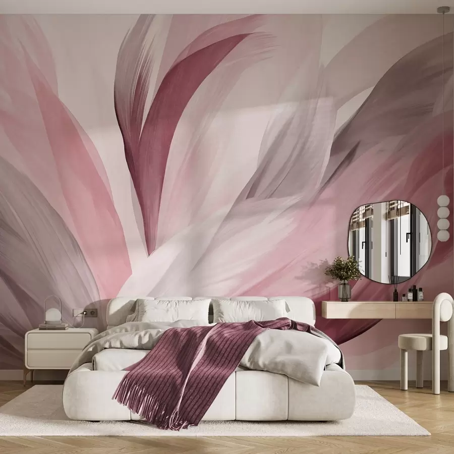 wall murals Апстрактно текстурирано перје у ружичастој, белој и сивој боји и разним нијансама, које се преклапају на белој позадини w09531v2
