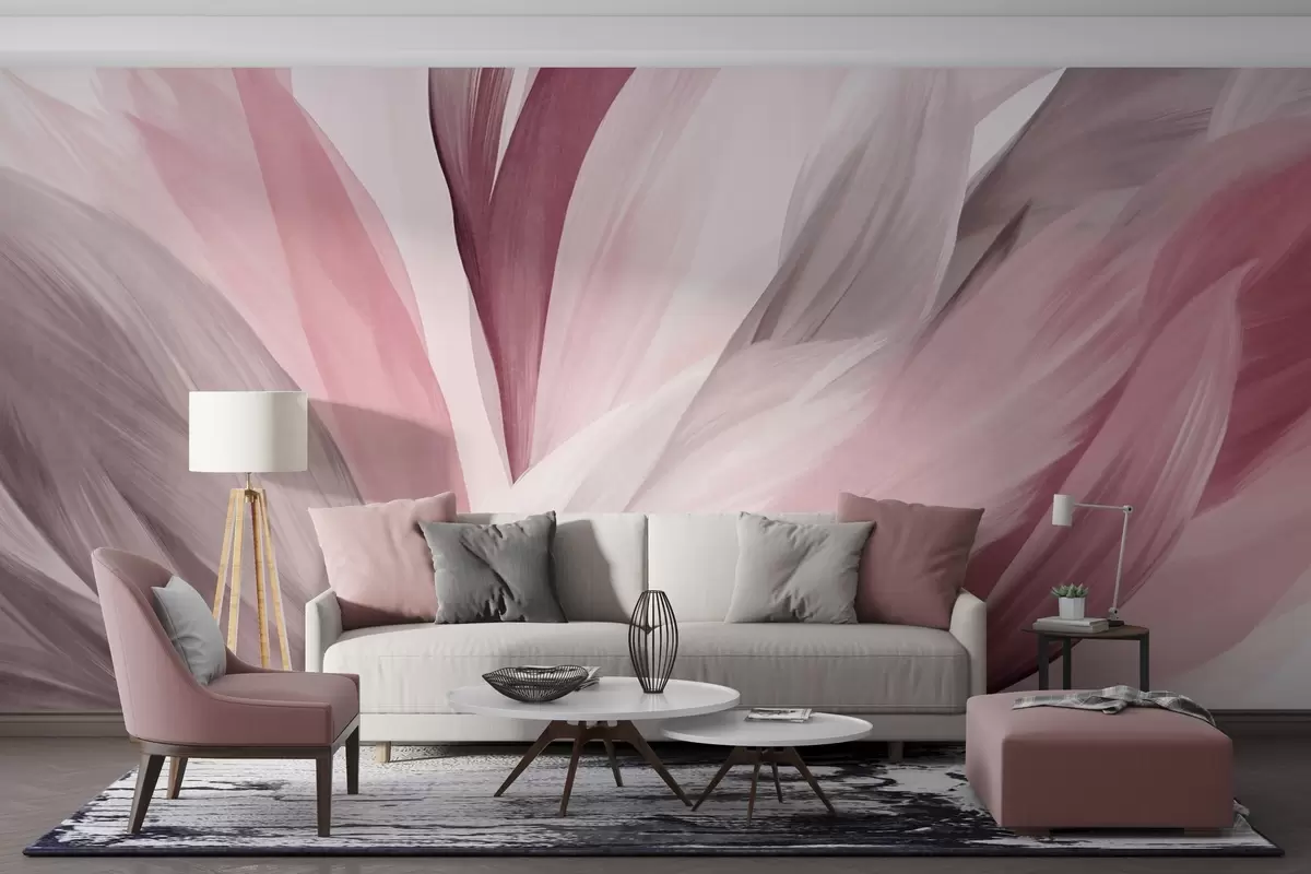 wall murals Апстрактно текстурирано перје у ружичастој, белој и сивој боји и разним нијансама, које се преклапају на белој позадини w09531v2