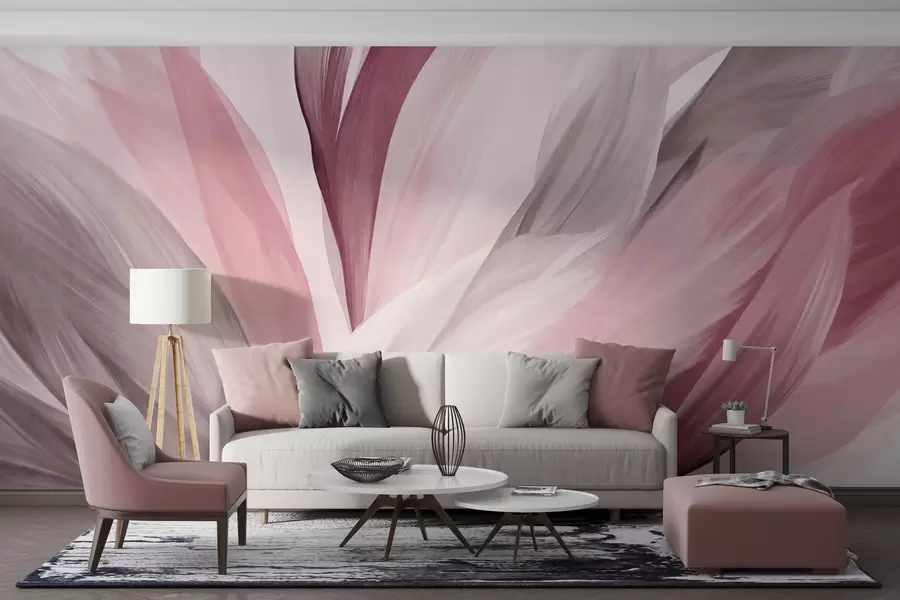 wall murals Апстрактно текстурирано перје у ружичастој, белој и сивој боји и разним нијансама, које се преклапају на белој позадини w09531v2