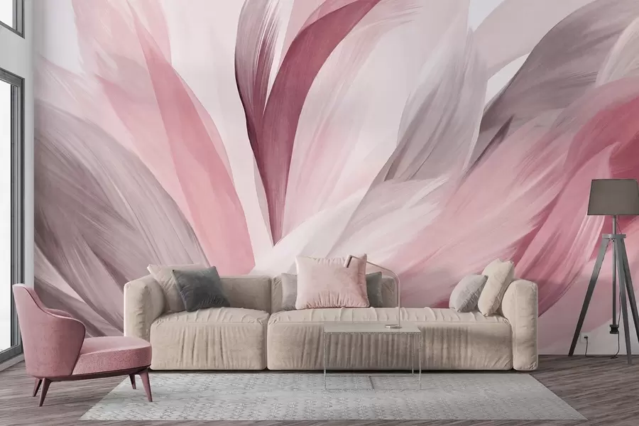 wall murals Апстрактно текстурирано перје у ружичастој, белој и сивој боји и разним нијансама, које се преклапају на белој позадини w09531v2