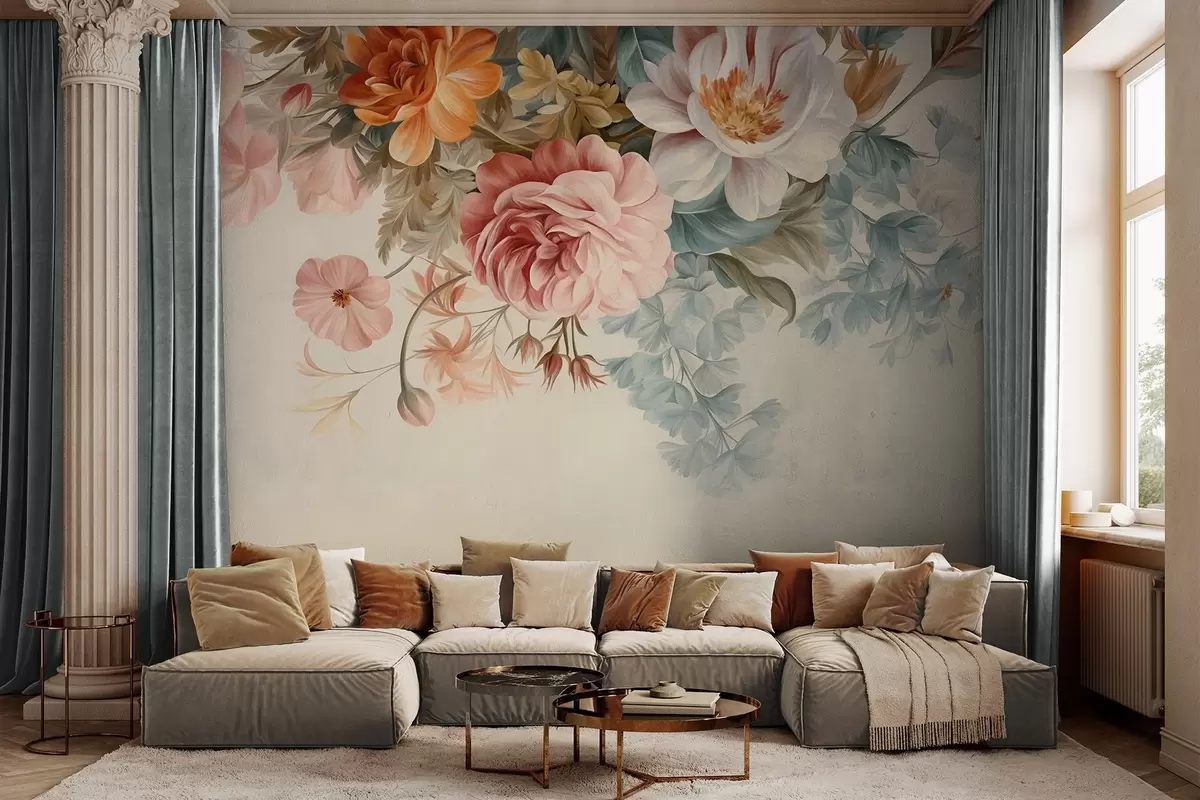 wall murals Винтаж цветни аранжман са ружама, божурима и другим текстурираним цвећем са лишћем, на светлој позадини w09532
