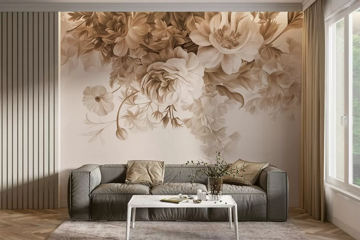 wall murals Винтаж цветни аранжман са ружама, божурима и другим текстурираним цвећем са лишћем, на светлој позадини w09532v1