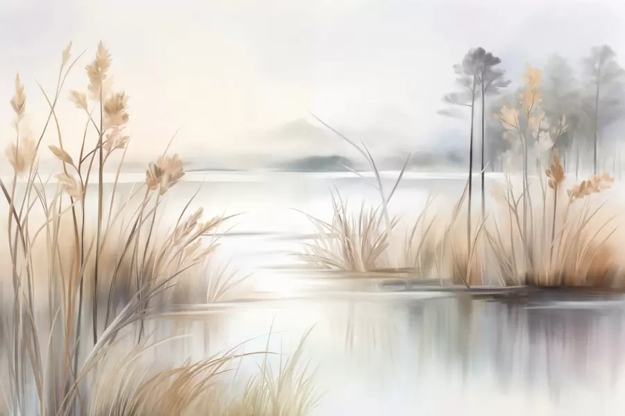 wall murals Пејзаж са језером и високом травом у првом плану, планине у позадини, меке боје, текстурирано w09534