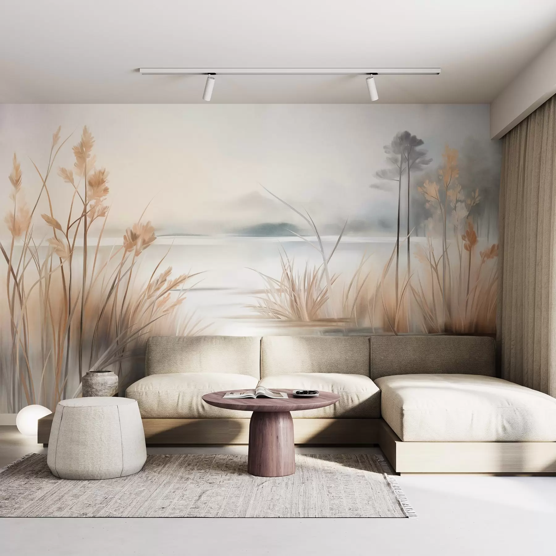 wall murals Пејзаж са језером и високом травом у првом плану, планине у позадини, меке боје, текстурирано w09534