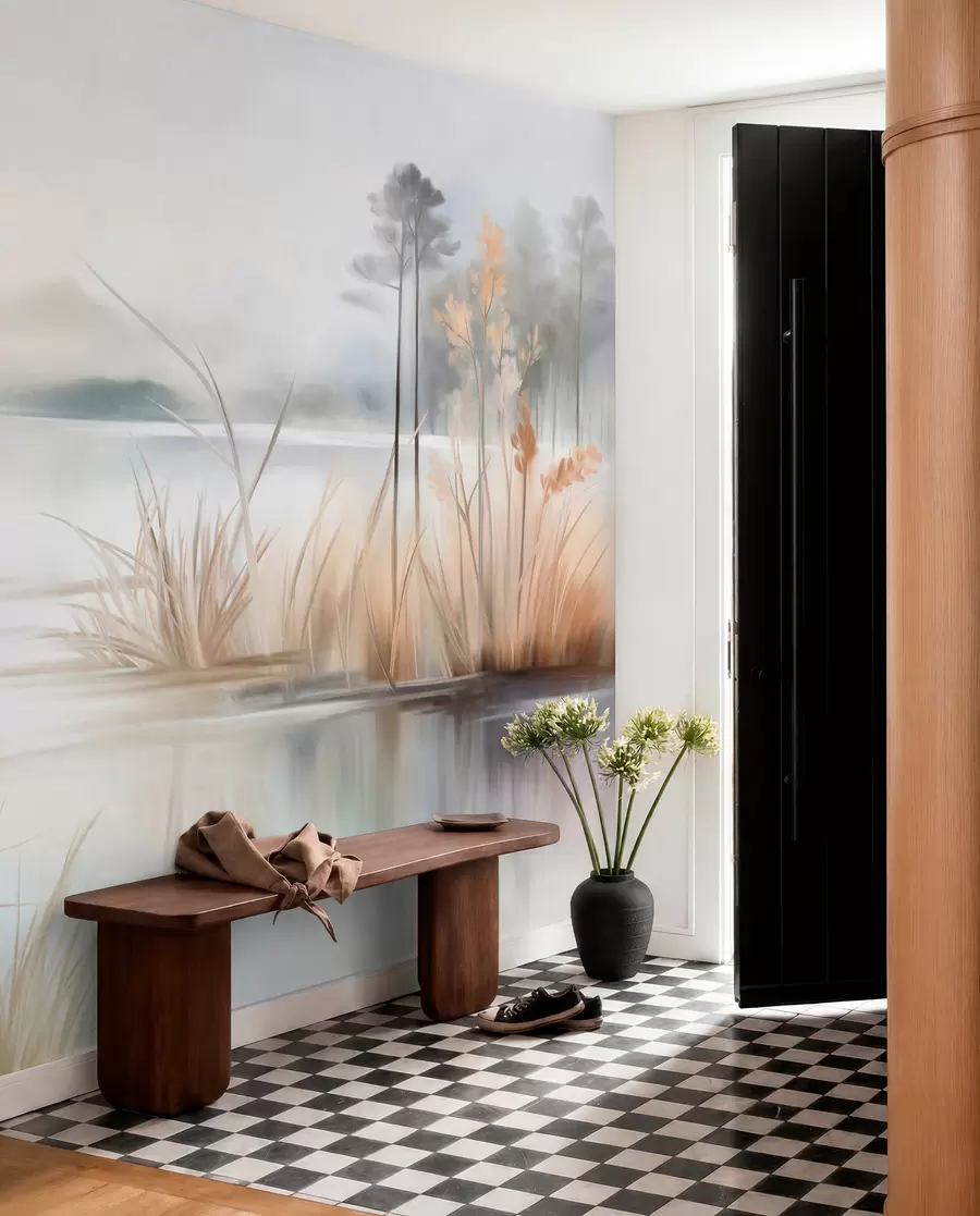 wall murals Пејзаж са језером и високом травом у првом плану, планине у позадини, меке боје, текстурирано w09534
