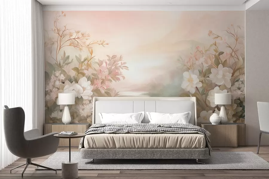 wall murals Пејзаж са реком окруженом цвећем и биљкама, меким бојама, ружичастим небом, акварел текстурираним стилом w09537
