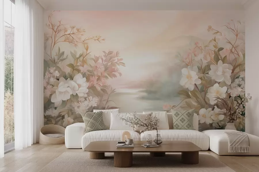 wall murals Пејзаж са реком окруженом цвећем и биљкама, меким бојама, ружичастим небом, акварел текстурираним стилом w09537
