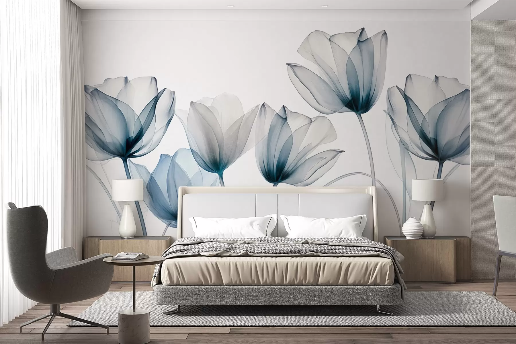 wall murals Прозирни плаво-бели цветови тулипана са дугим стабљикама, на светлој позадини, нежна и текстурирана цветна уметност w09538