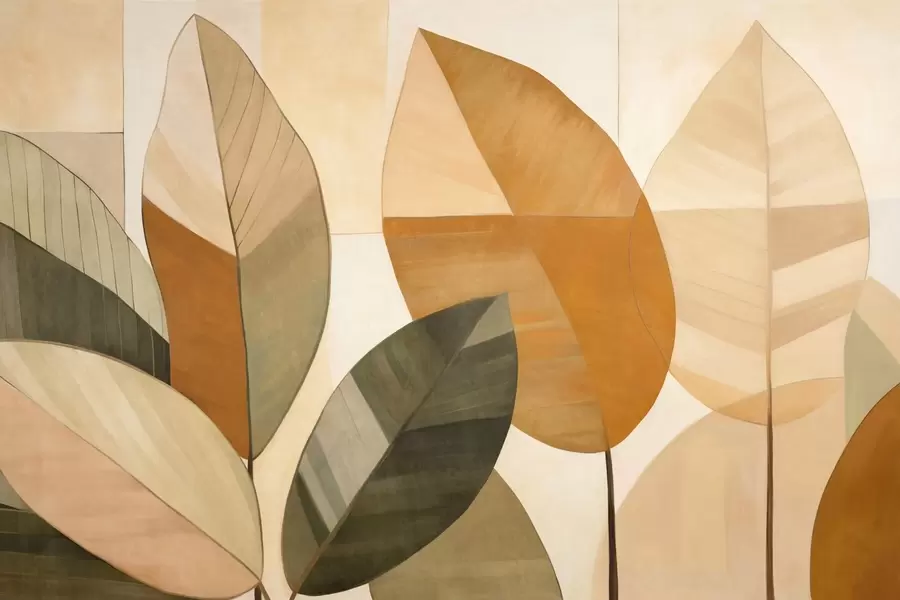 wall murals Апстрактни велики листови у нијансама наранџасте, браон и зелене, текстурирани, распоређени на светлој позадини w09539